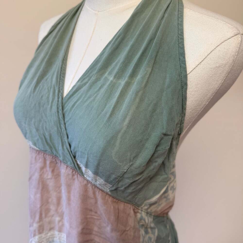 Boho Style Teal and Pink Halter Neck Smocked Back Summer Midi Dress - Picture 10 of 10